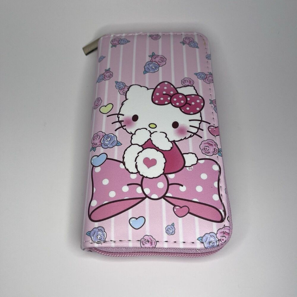 Sanrio Hello Kitty Pink Wallet Bow Floral Design Inside Pockets Zippered Closure